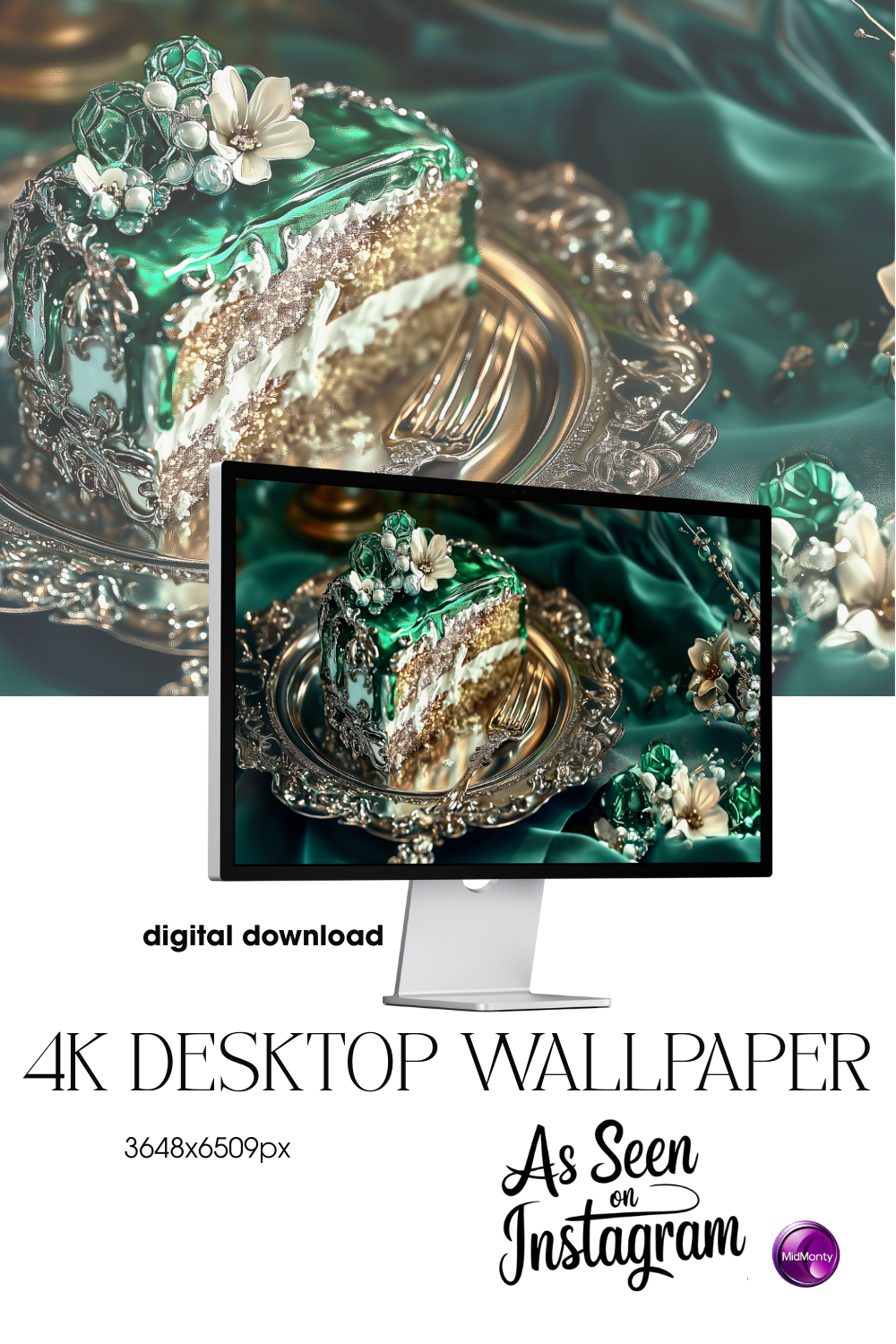 Product mockup of a luxurious 4K digital wallpaper featuring an emerald green cake with intricate frosting details, placed on a vintage silver plate. The decadent dessert is adorned with pearls, flowers, and sparkling glaze, evoking a sense of opulence and celebration. Styled against deep green satin fabric, the scene glows with a dreamy, baroque atmosphere. Perfect for lovers of aesthetic desktop visuals and elegant food art.