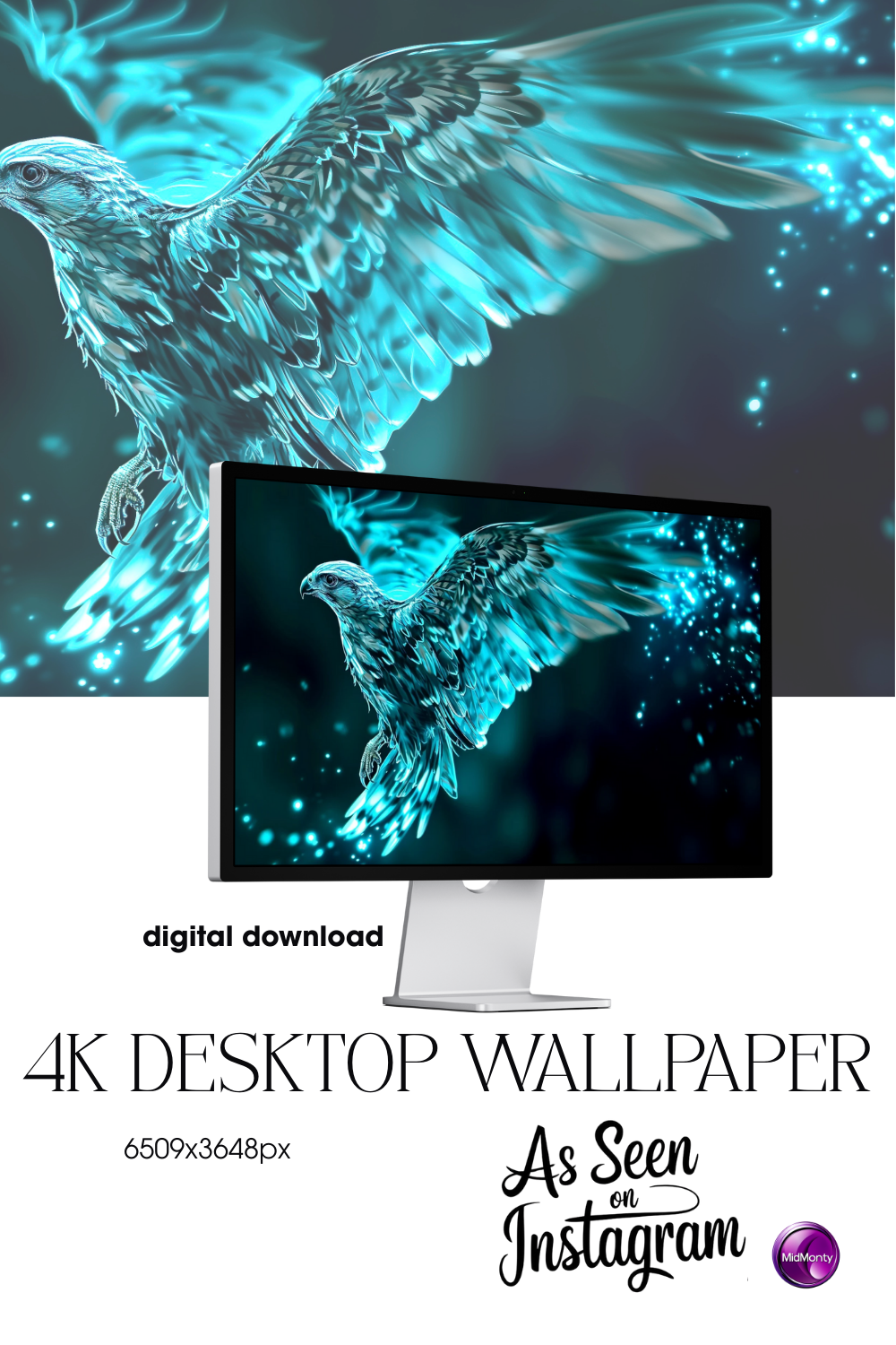 Product mockup of Hopeful Falcon 4K desktop wallpaper – AI-generated digital art of a glowing falcon in silver and teal, soaring mid-air, symbolizing strength, clarity and inner peace. 6509x3648 resolution.