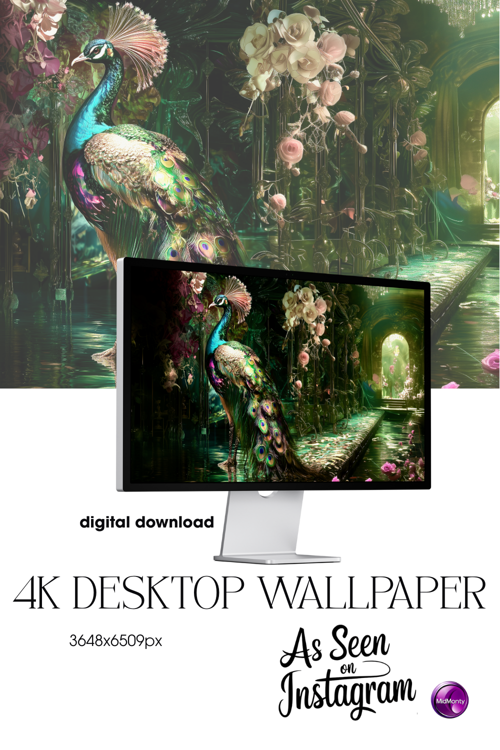 product mockup of a Luxurious peacock 4K wallpaper – majestic bird with shimmering feathers, floral background, emerald light, and fantasy-inspired royal setting