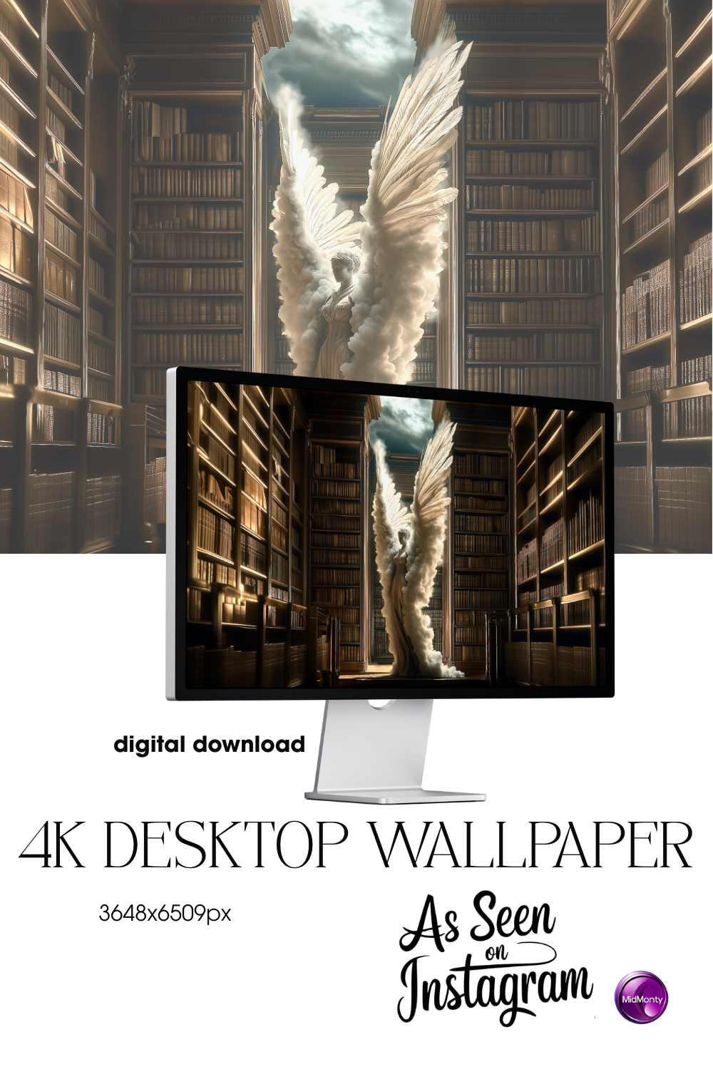 Product mockup of Angel 4K desktop wallpaper – ethereal figure with wings rising from clouds in a grand library, spiritual art with light and emotion, surreal divine atmosphere