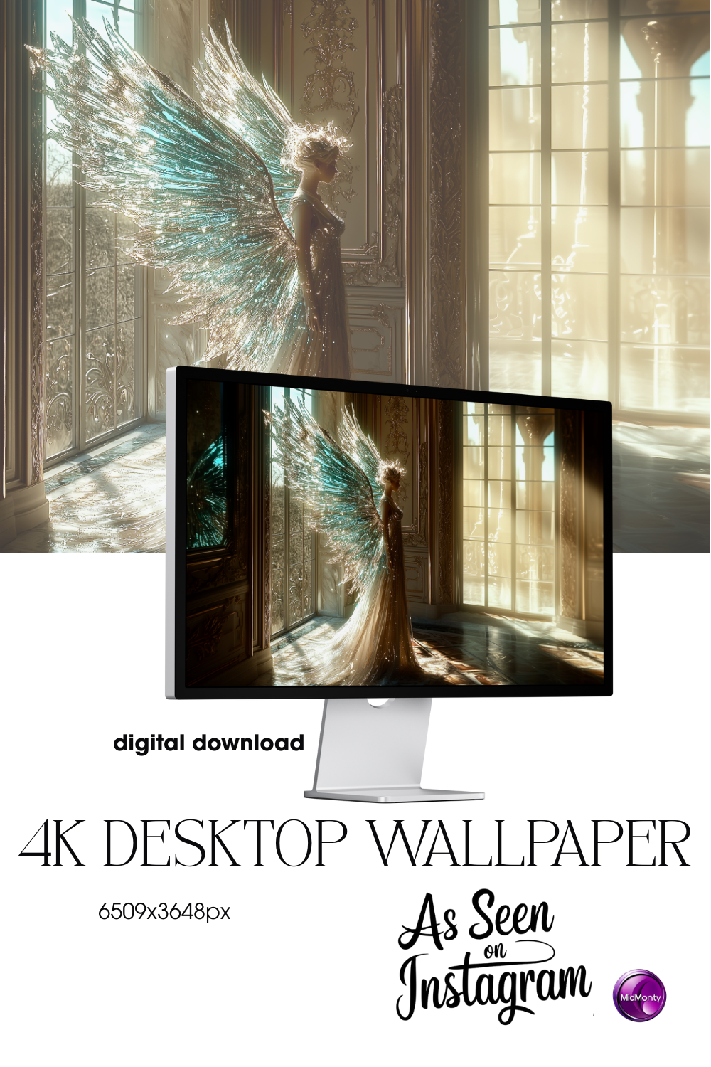 Product info Celestial angel wallpaper – glowing AI-generated artwork of a radiant female figure with crystal wings, golden light, and ethereal atmosphere in luxurious palace setting, 6509x3648 resolution
