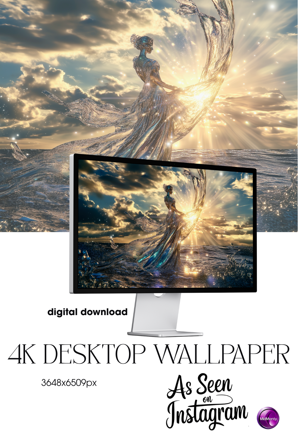 product mockup of a Divine 4K goddess wallpaper – shimmering woman in liquid light dress dancing in ocean waves at sunset, radiant desktop background with celestial energy