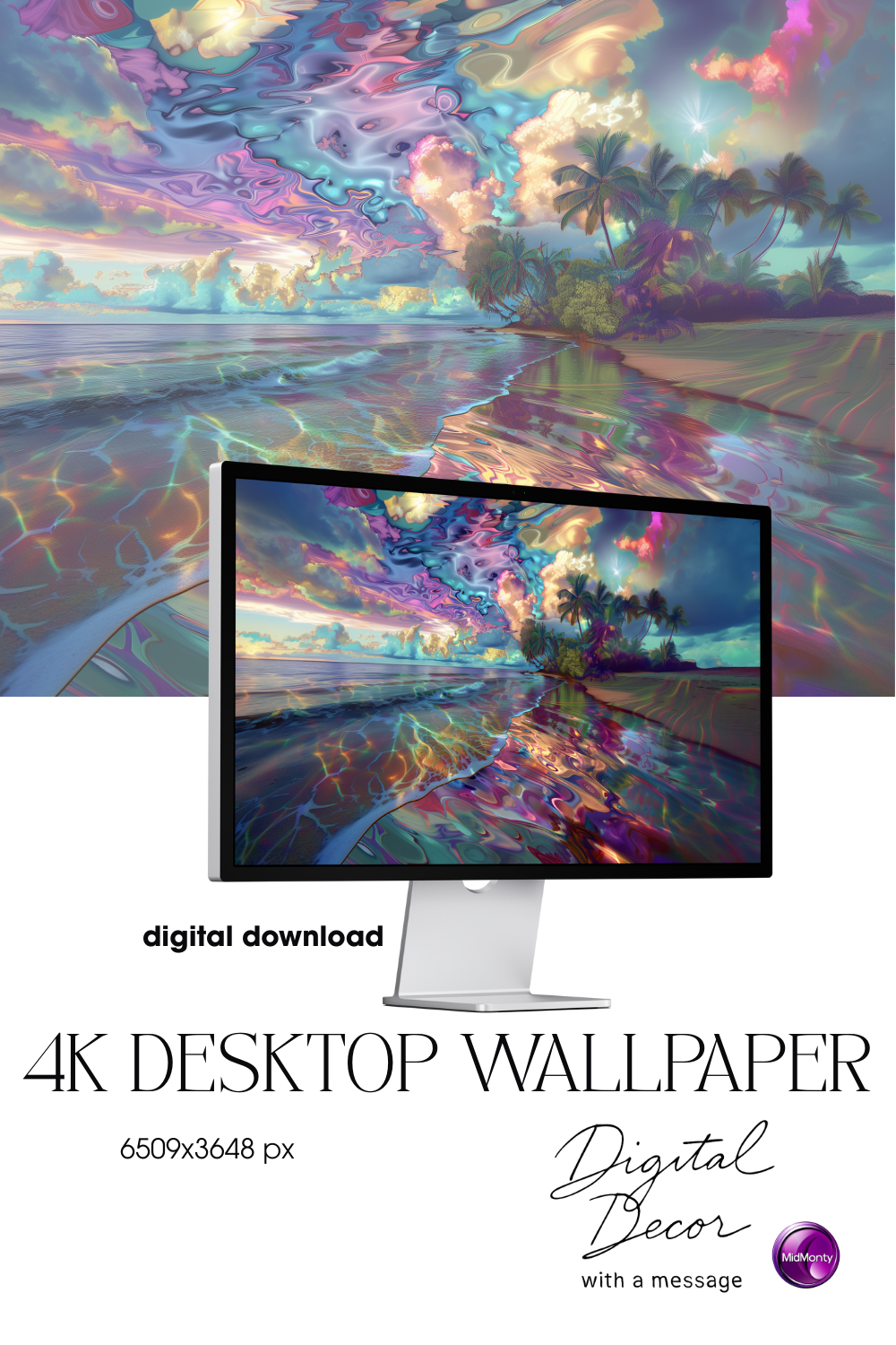 product mockup Abstract ocean 4K desktop wallpaper – surreal tropical beach scene with colorful reflections, dreamlike sky and glowing light effects