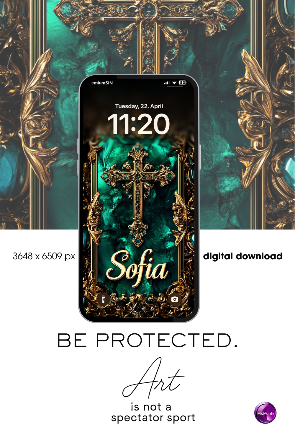 A promotional image displays a smartphone lock screen featuring a religious digital artwork. The lock screen shows the time as 11:20 on Tuesday, April 22nd. The wallpaper has a teal and gold marbled background with an ornate gold cross, detailed with small blue gems, positioned centrally. Below the cross, the name 'Sofia' is written in elegant, golden script. The surrounding promotional text includes '3648 x 6485 px', 'digital download', and the phrase 'BE PROTECTED.'