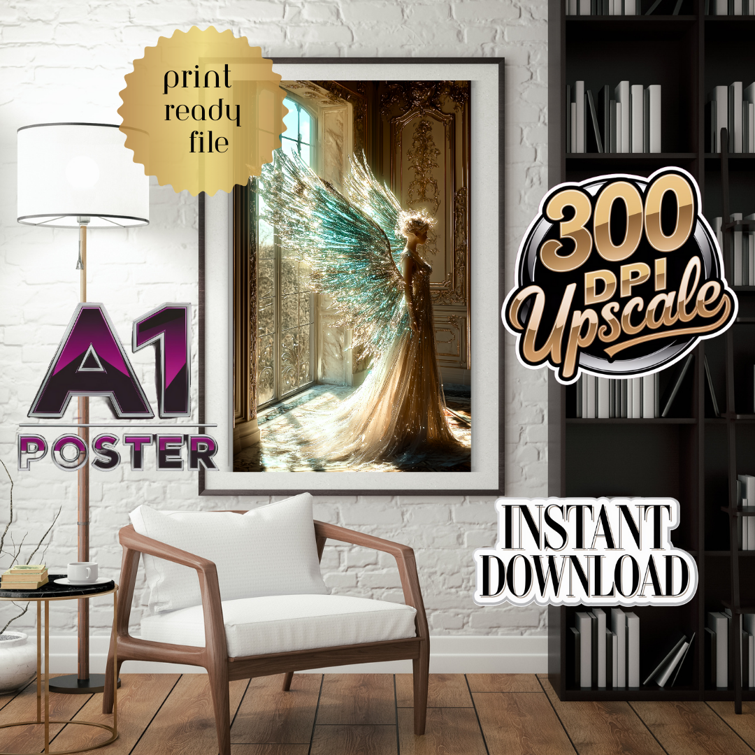 Breathtaking AI Art featuring a luminous fairy in a Victorian setting. The piece showcases crystalline wings shimmering in turquoise and gold, set against ornate architecture with morning light streaming through tall windows. Available in multiple premium formats including Ultra 4K resolution for both mobile and desktop displays, plus museum-quality print resolution. Perfect for luxury home décor, premium device wallpapers, and professional interior design projects.