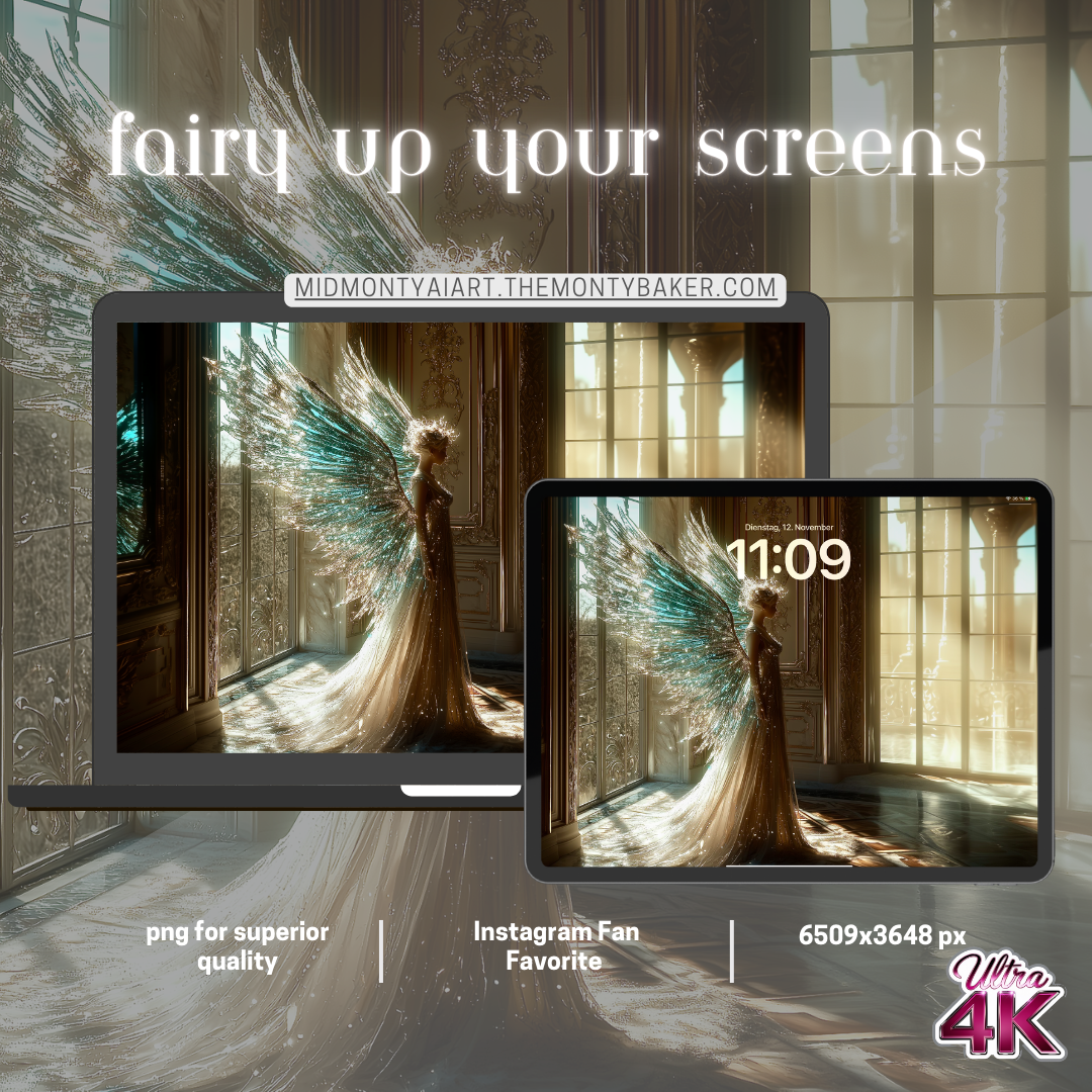 Breathtaking AI Art featuring a luminous fairy in a Victorian setting. The piece showcases crystalline wings shimmering in turquoise and gold, set against ornate architecture with morning light streaming through tall windows. Available in multiple premium formats including Ultra 4K resolution for both mobile and desktop displays, plus museum-quality print resolution. Perfect for luxury home décor, premium device wallpapers, and professional interior design projects.