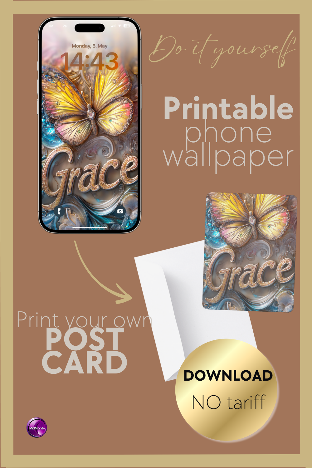 DIY printable phone wallpaper and postcard design featuring a vibrant butterfly with golden accents against a swirling teal and beige background. The name "Grace" is elegantly written in gold script. The image shows the design as a phone wallpaper and a printed postcard emerging from an envelope. Text encourages users to "Print your own POST CARD" and offers a "DOWNLOAD NO tariff".