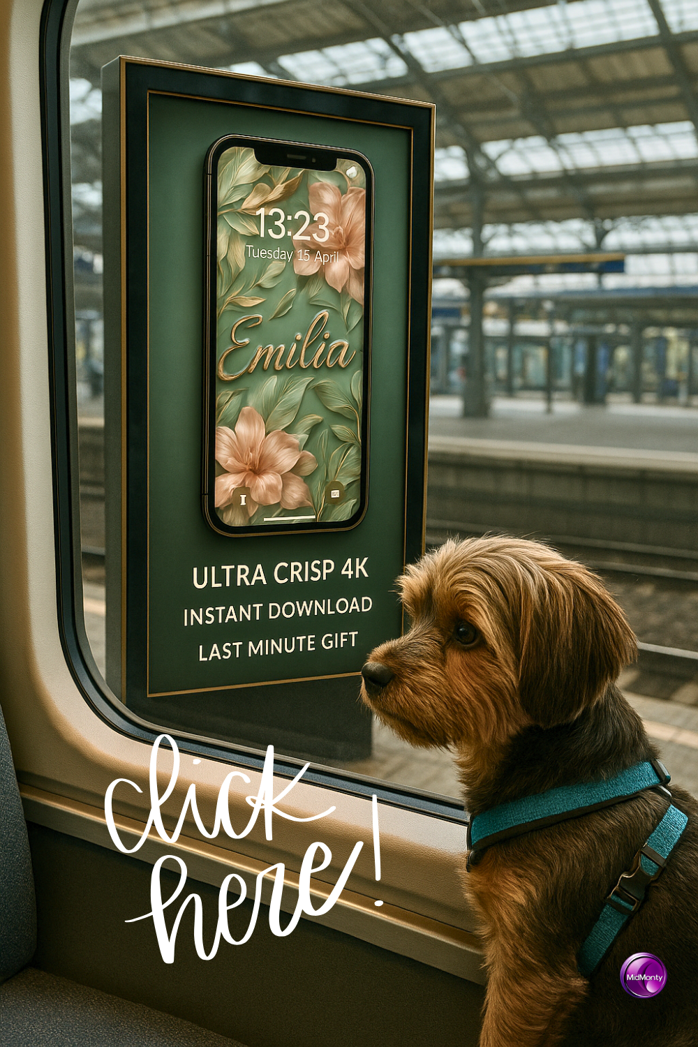 A Yorkshire Terrier wearing a teal harness looks out a train window at a digital advertisement on a station platform. The ad displays a smartphone lock screen with a floral design featuring peach-colored flowers and green leaves, the name "Emilia," and the time "13:23" on "Tuesday 15 April." Text on the ad reads "ULTRA CRISP 4K INSTANT DOWNLOAD LAST MINUTE GIFT." The phrase "click here!" is written in a stylized font on the train window. The platform is visible through the window.