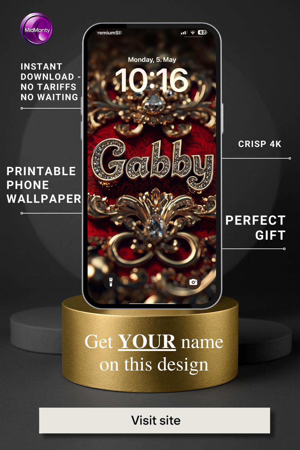 A phone displays a customizable wallpaper with the name "Gabby" in ornate gold letters on a rich red and gold baroque background. Text promotes it as a printable, instant download, 4K quality, and a perfect gift.