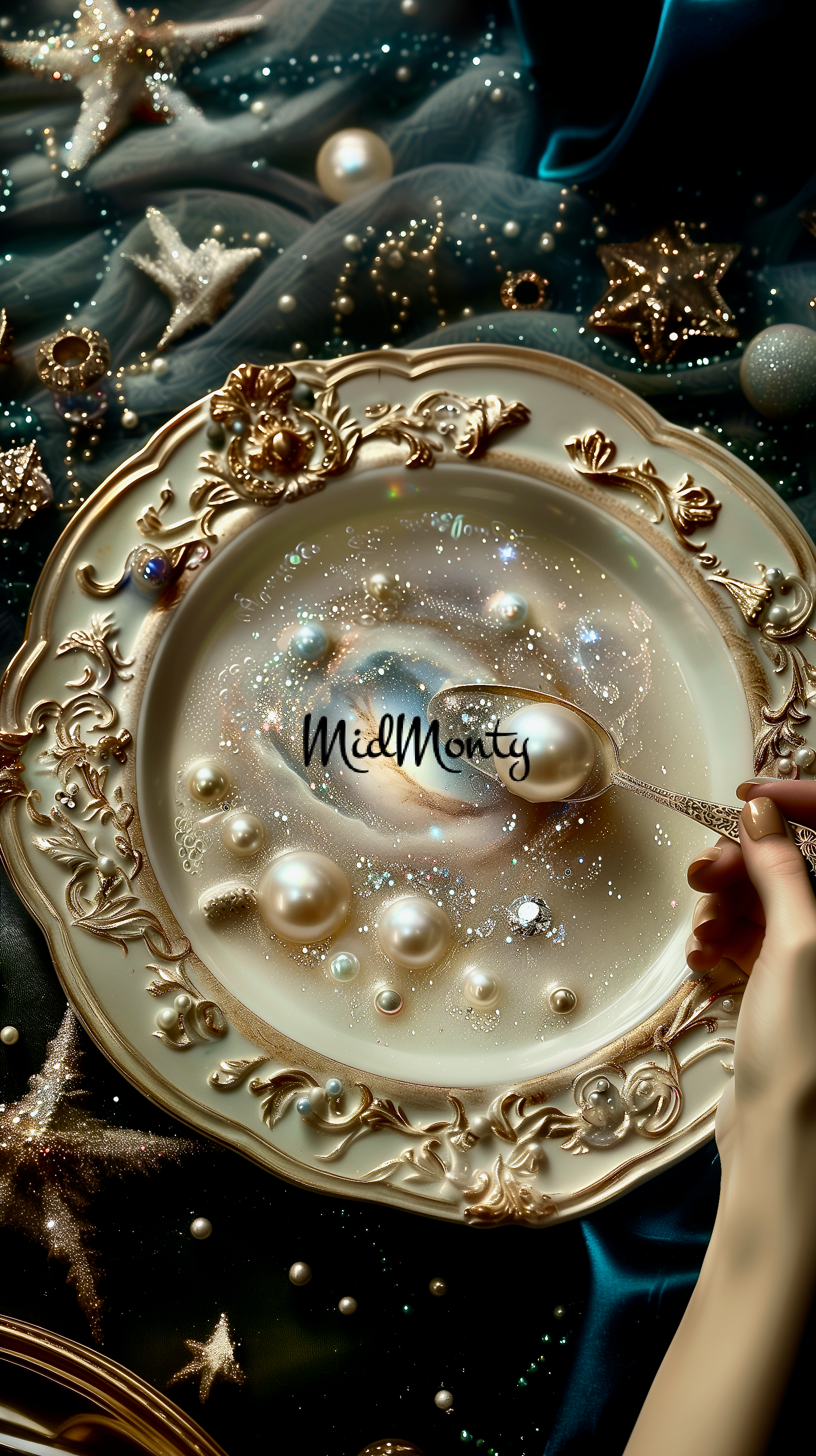 Ornate vintage plate featuring a cosmic scene with pearls and galaxy reflections, surrounded by golden stars. Luxury AI-generated artwork for high-resolution digital prints, phone wallpapers, and elegant home decor. A surreal fusion of space aesthetics and opulent design.