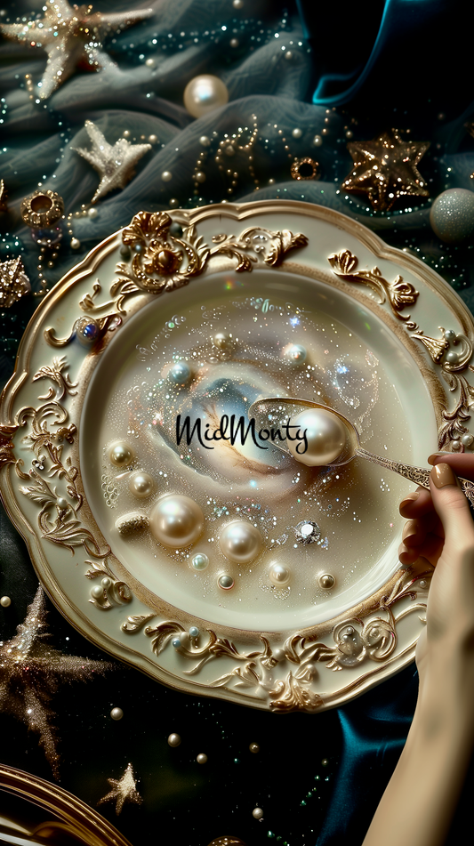 Ornate vintage plate featuring a cosmic scene with pearls and galaxy reflections, surrounded by golden stars. Luxury AI-generated artwork for high-resolution digital prints, phone wallpapers, and elegant home decor. A surreal fusion of space aesthetics and opulent design.