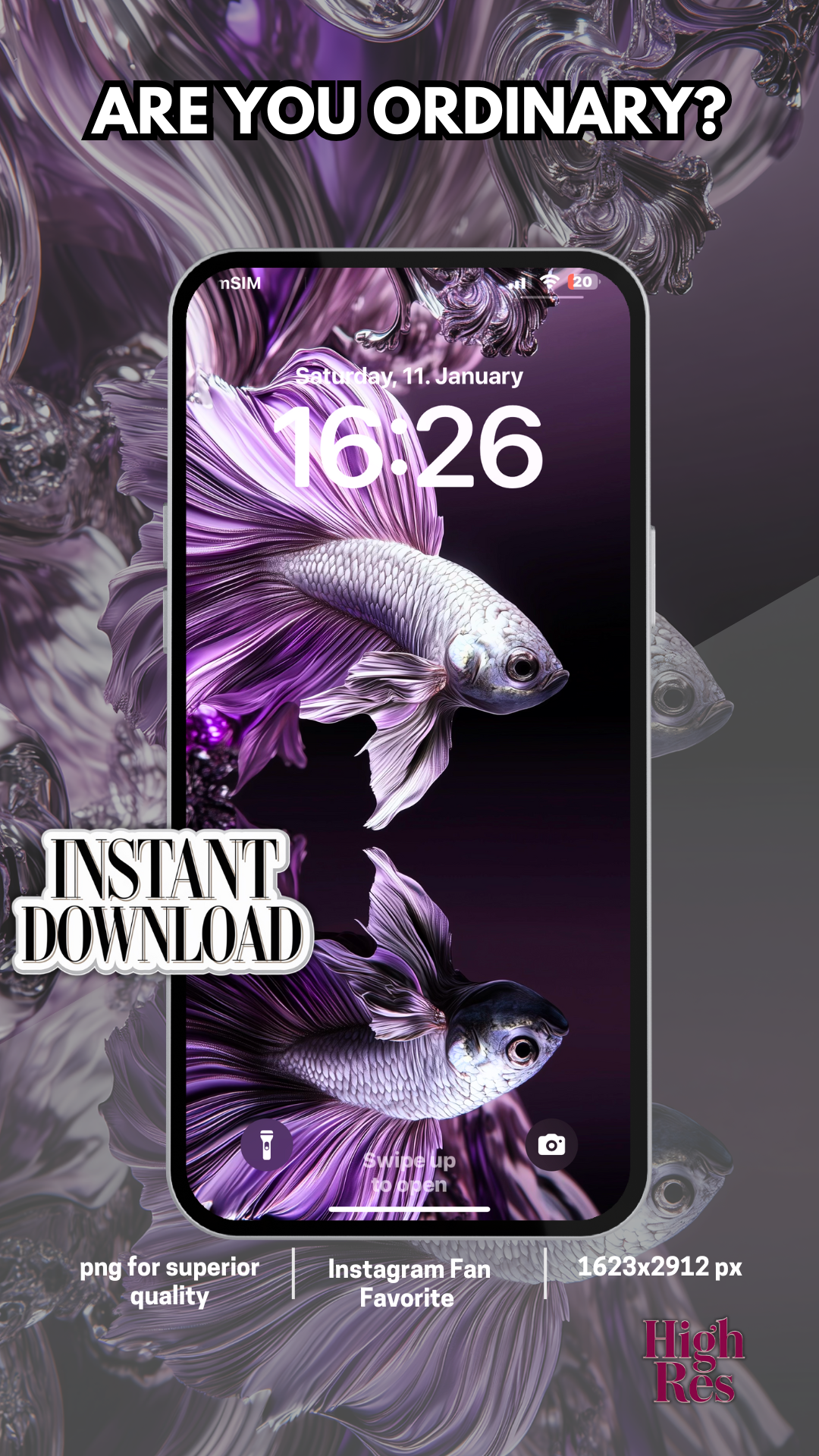 Smartphone displaying elegant silver and amethyst  Betta fish wallpaper with digital clock reading 16:26. Text reads 'ARE YOU ORDINARY?' and 'INSTANT DOWNLOAD'. Features include Highres quality, PNG format, and Instagram compatibility. Size: 1623x2912 px