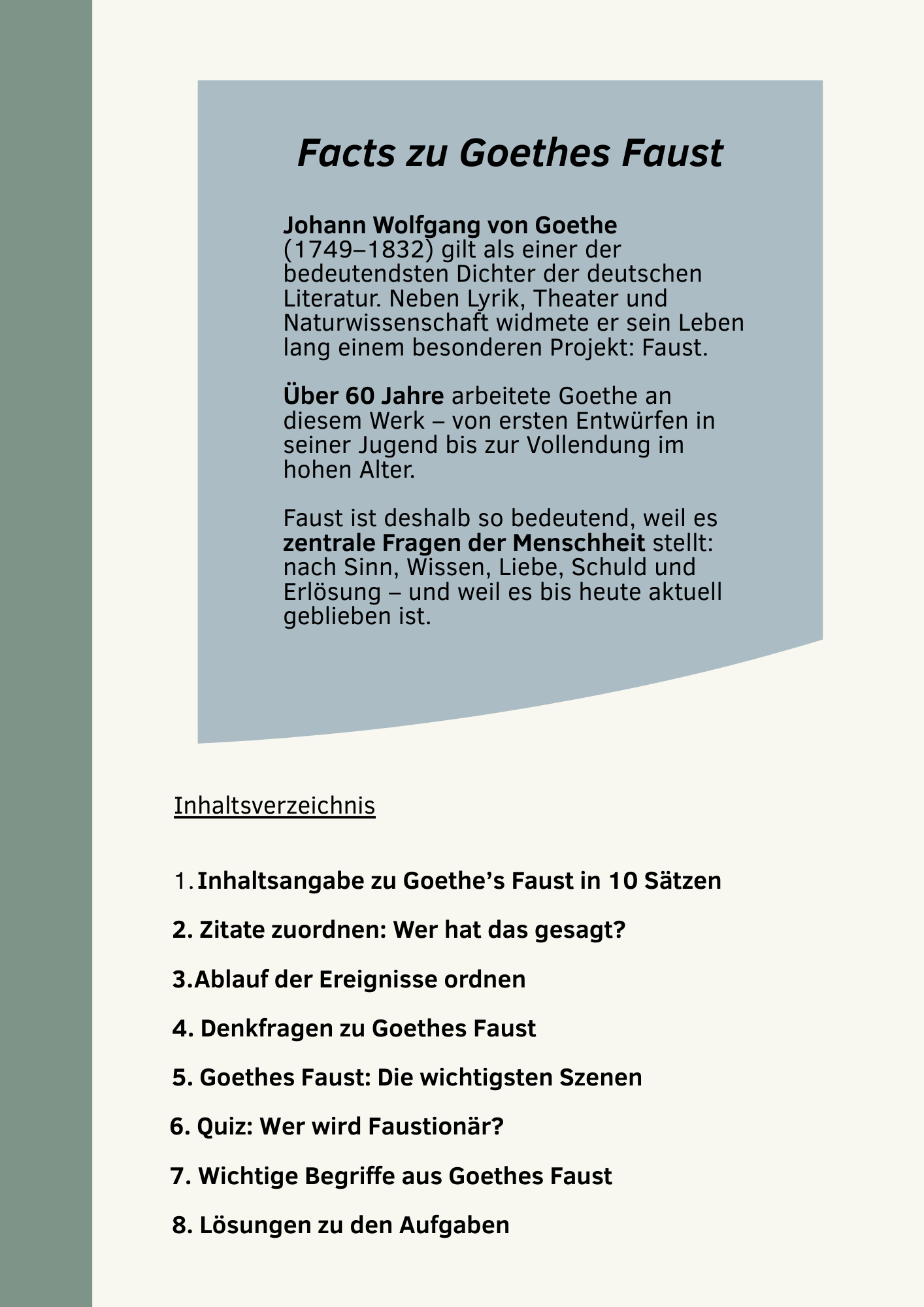 Ein grauer Kasten mit der Überschrift "Facts zu Goethes Faust" listet Informationen über Johann Wolfgang von Goethe und sein Werk "Faust" auf. Es werden Goethes Lebensdaten, die lange Entstehungszeit des Werks und die zentralen Themen genannt. Darunter ein Inhaltsverzeichnis mit Aufgaben und Materialien zu "Faust".