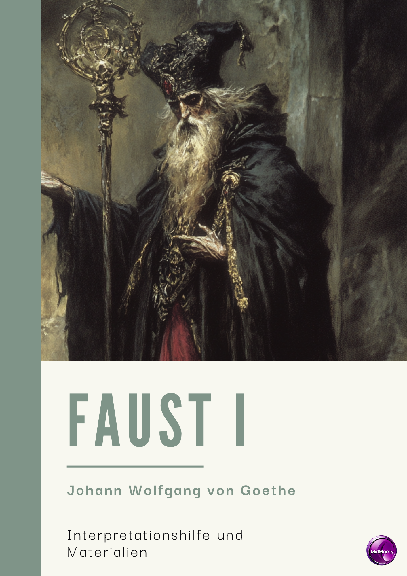 Ein Buchcover zeigt ein Gemälde eines alten Mannes mit weißem Bart, gekleidet in dunkle, reich verzierte Gewänder und einen auffälligen Hut. Er hält einen goldenen, verzierten Stab. Der Buchtitel "FAUST I" steht groß darüber, gefolgt von "Johann Wolfgang von Goethe" und "Interpretationshilfe und Materialien".
