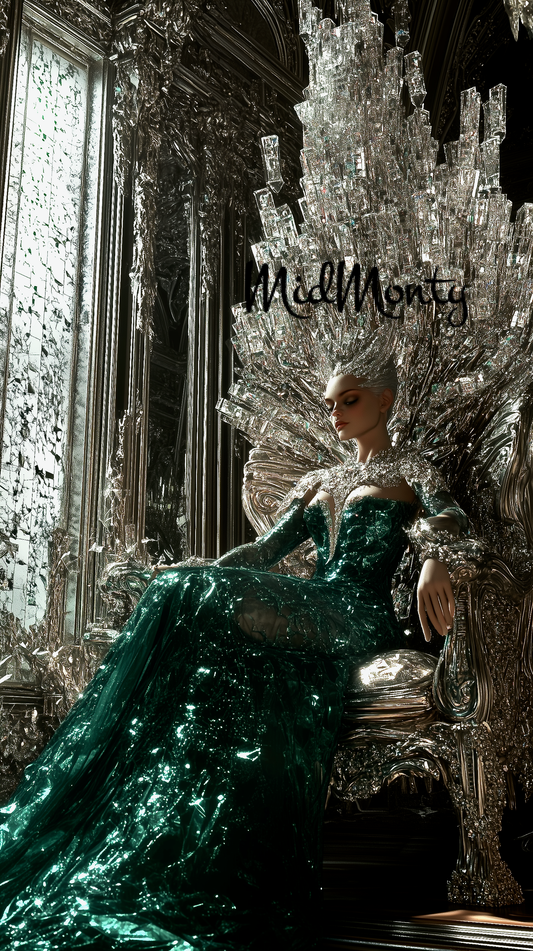 A stunning fantasy fashion photograph featuring a model in an elaborate emerald green gown with a crystalline bodice and flowing skirt that appears to glow from within. She sits on an ornate throne surrounded by dramatic crystal-like structures that fan out behind her head like a crown or halo. The setting appears to be in a gothic-style room with tall windows and intricate architectural details. The model's pose is regal and serene, with closed eyes and a peaceful expression.
