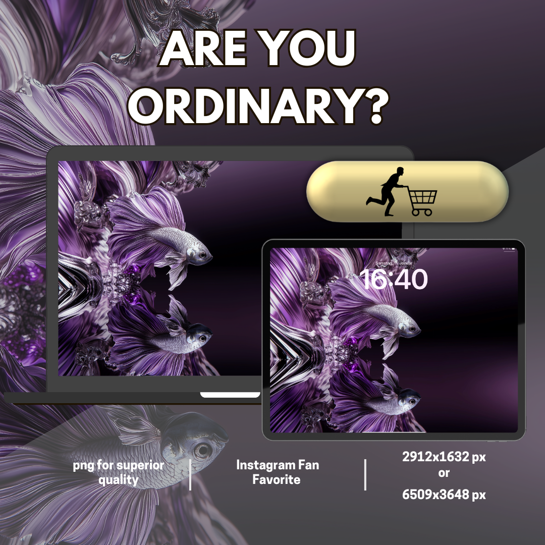 Elegant Betta fish wallpaper shown on laptop and tablet displays, with flowing purple and silver fins against dark background. Text reads 'ARE YOU ORDINARY?'. Features gold shopping cart button, and specifications: PNG quality, Instagram compatible, 2912x1632 or 6509x3648 px.