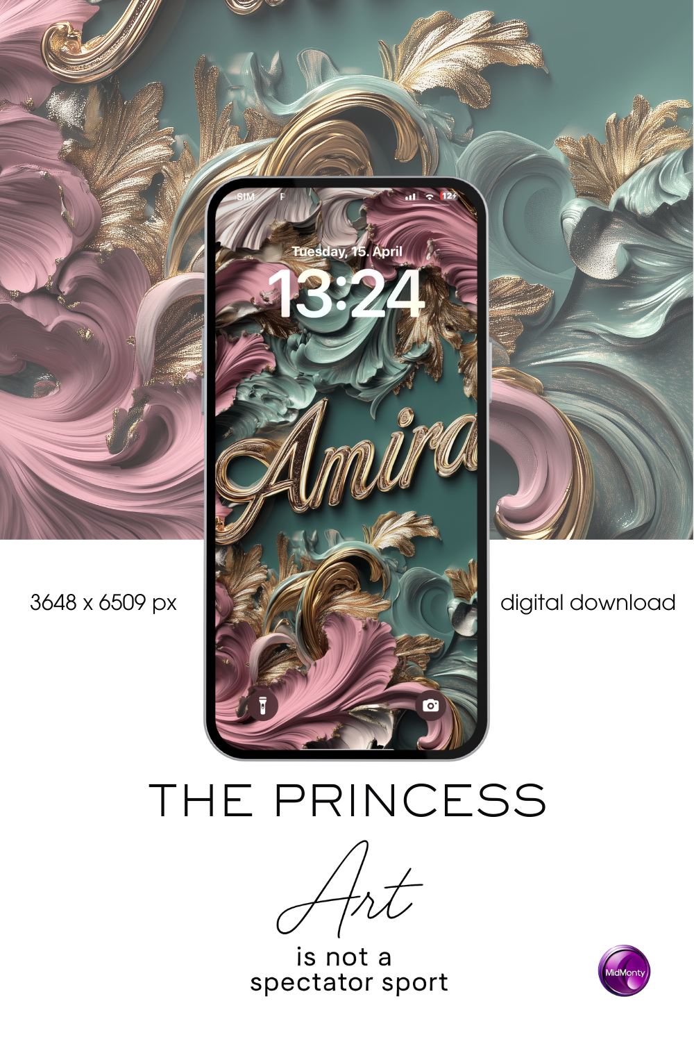 A smartphone displays a textured digital artwork on its lock screen. The design features swirling, abstract floral-like shapes in shades of pink, teal, and gold, creating a fluid and dynamic composition. The name "Amira" is written in an elegant, golden script across the center. The time on the screen reads "13:24" and the date is "Tuesday, 15. April". The text "THE PRINCESS" appears below the phone. Icons for flashlight and camera are visible at the bottom.