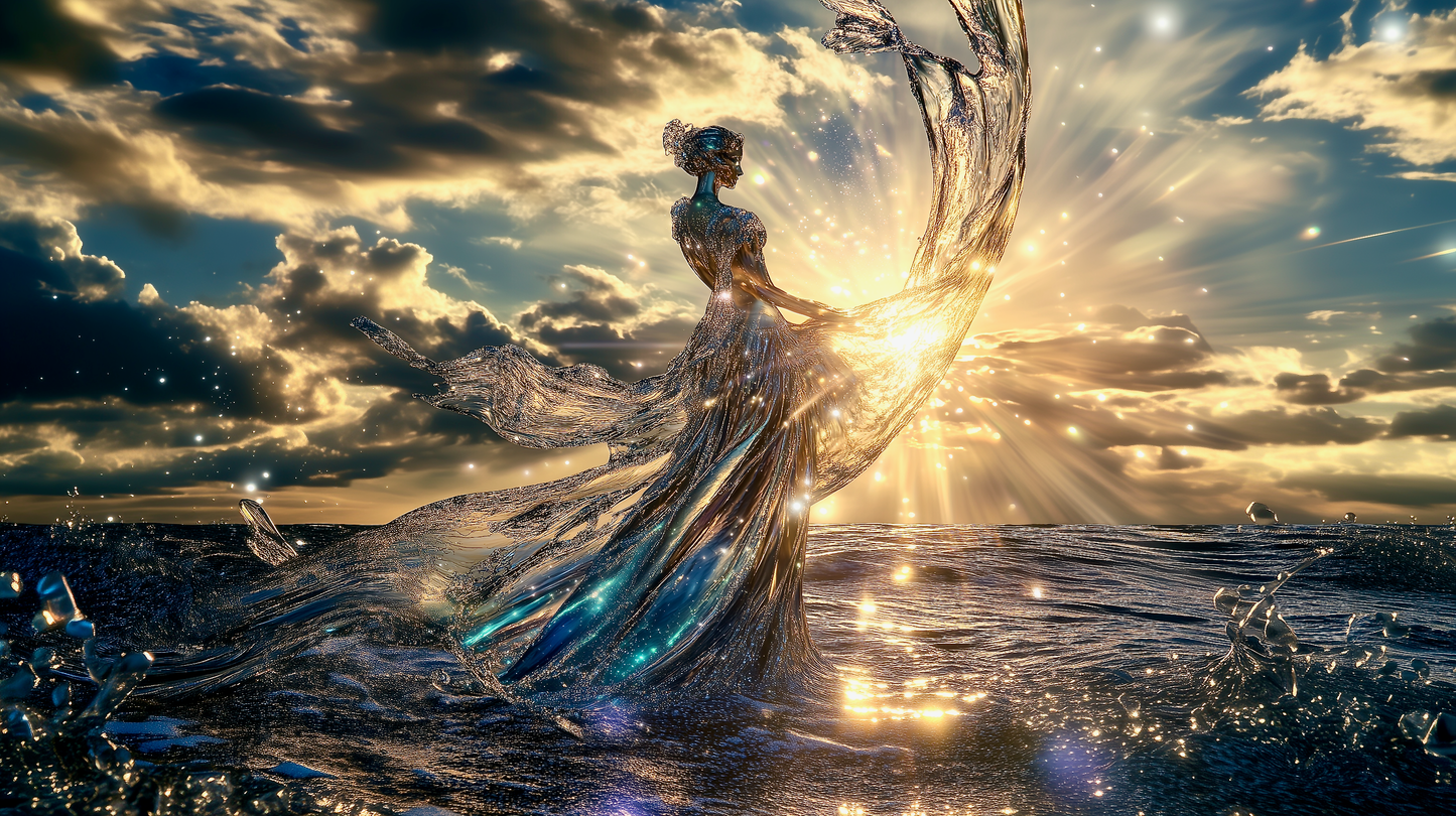 A breathtaking AI-generated artwork of a crystalline Aphrodite standing tall against a golden ocean sunset. Her translucent glass-like gown flows like liquid light, merging with the waves. Sunbeams shimmer through her ethereal form, evoking divinity, resilience, and timeless beauty. A celestial moment frozen in eternity.