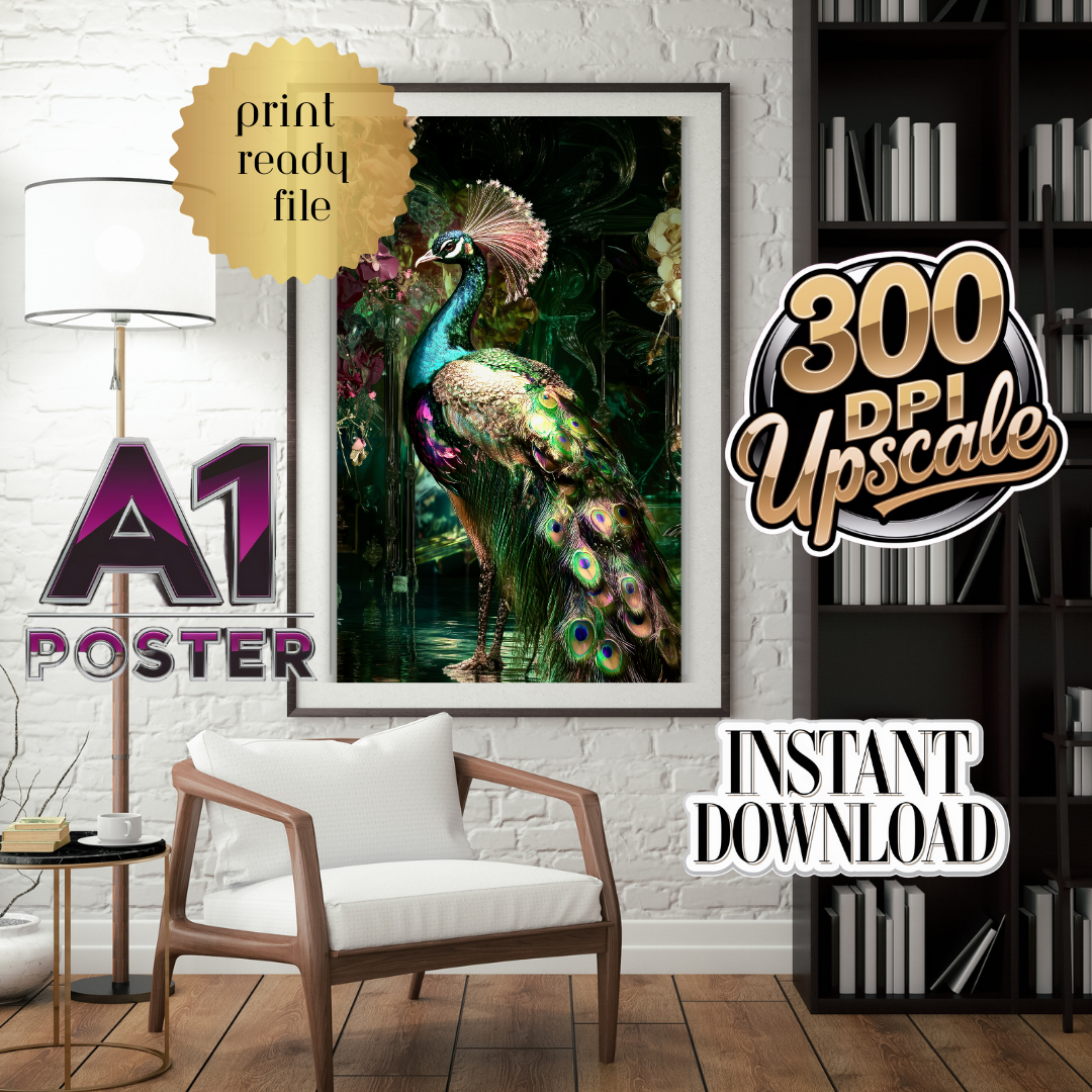 Luxury baroque peacock poster in A1 size – 300 DPI print-ready digital art for instant download. High-resolution upscale for elegant interior décor. Perfect for premium wall art, sophisticated home styling, and statement prints.