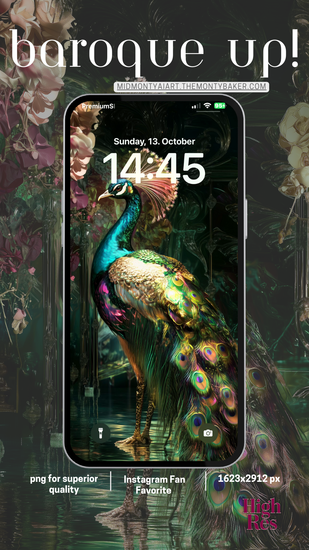 Luxury baroque-style peacock wallpaper for mobile. High-resolution digital art with opulent details, iridescent feathers, and deep emerald tones. 4K ultra-HD quality for crystal-clear display. Instant download for premium phone backgrounds – an Instagram fan favorite.