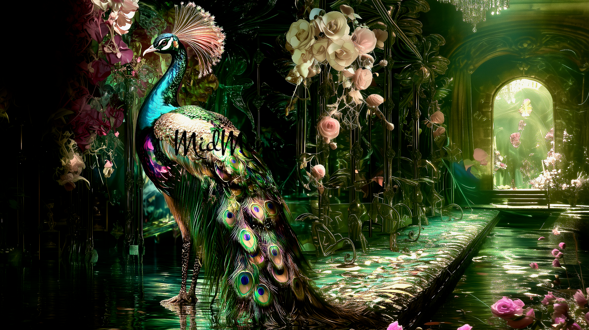Luxury AI-generated peacock artwork in a mystical garden. Iridescent blue-green feathers and emerald, sapphire, and amethyst eye-spotted tail. Surreal digital fantasy art with deep emerald tones, pink and cream roses, and crystal-like reflections over dark water. Ideal for high-end wall art, AI fantasy prints, and elegant home décor.