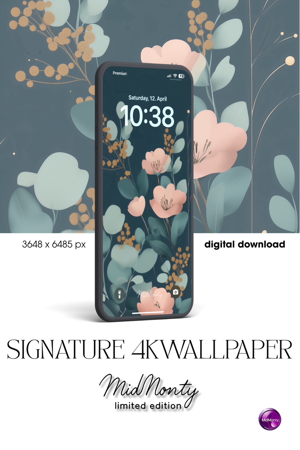 product mockup of a Blush floral AI wallpaper with delicate pink petals, blue-green leaves and gold accents on moody navy background – Signature Edition by MidMonty, high-resolution 3648x6485 for vertical phone display