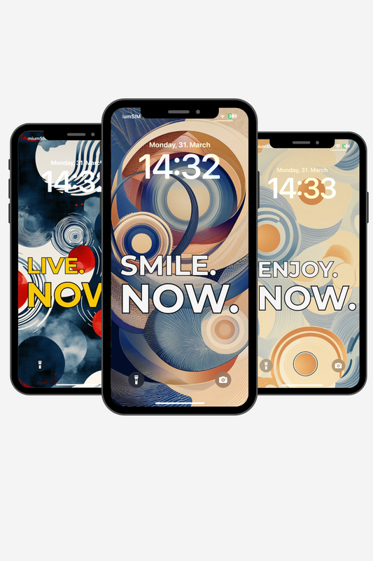 Minimalist product mockup with three smartphones displaying 4K affirmation wallpapers. Includes the messages Live Now, Smile Now and Enjoy Now on bold, abstract backgrounds. Digital download for instant mindset shift.