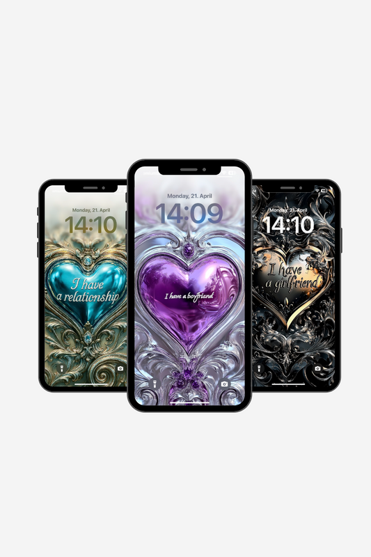 Three smartphones display ornate, metallic heart-themed wallpapers. The left phone shows a teal heart with the text "I have a relationship", displaying Monday, 21 April at 14:10. The central phone features a vibrant purple heart with "I have a boyfriend", showing Monday, 21 April at 14:09. The right phone displays a dark, almost gothic gold and black heart with "I have a girlfriend", also showing Monday, 21 April at 14:10. Each wallpaper has intricate, swirling metallic details surrounding the central heart