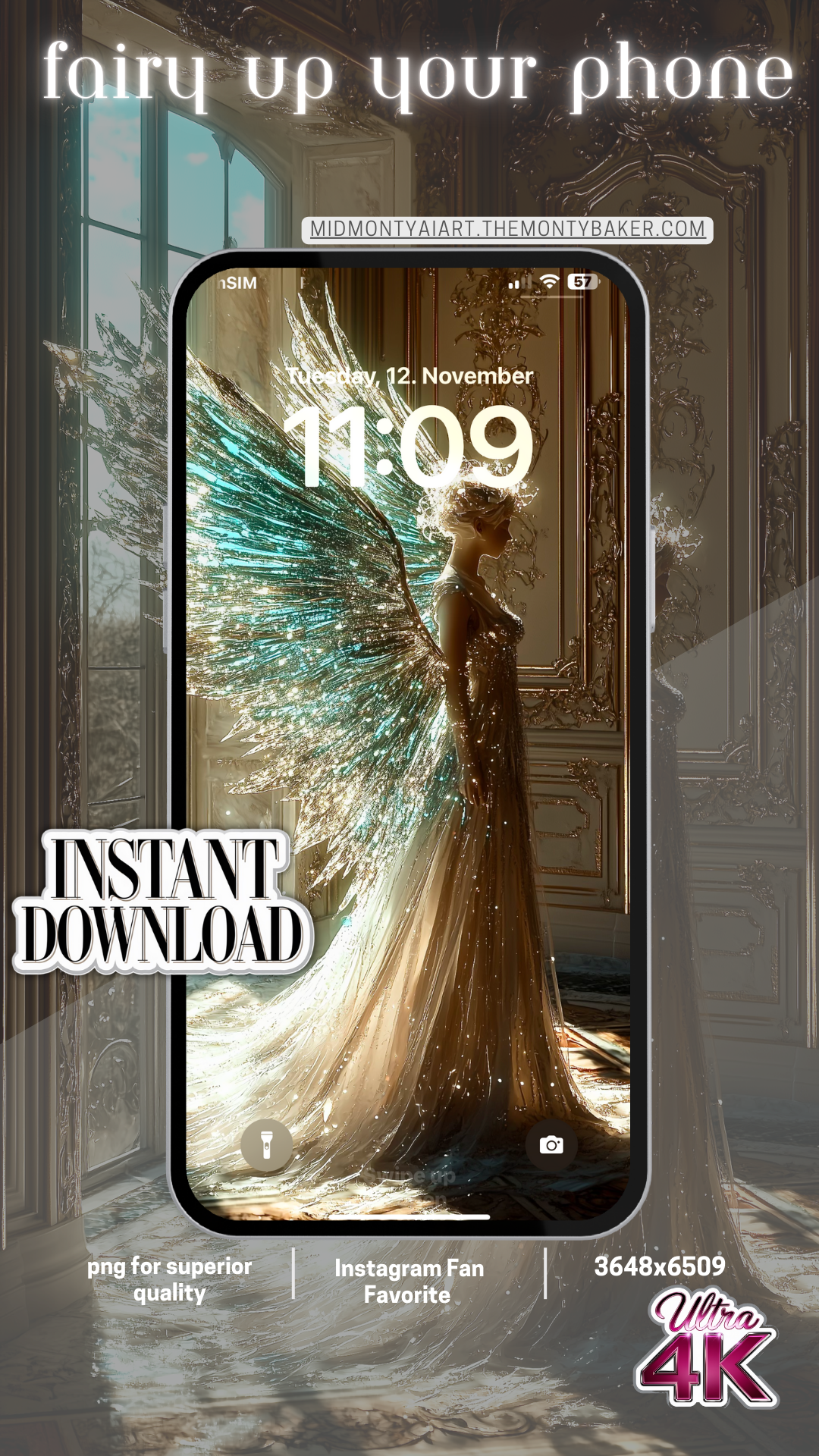 Breathtaking AI Art featuring a luminous fairy in a Victorian setting. The piece showcases crystalline wings shimmering in turquoise and gold, set against ornate architecture with morning light streaming through tall windows. Available in multiple premium formats including Ultra 4K resolution for both mobile and desktop displays, plus museum-quality print resolution. Perfect for luxury home décor, premium device wallpapers, and professional interior design projects.