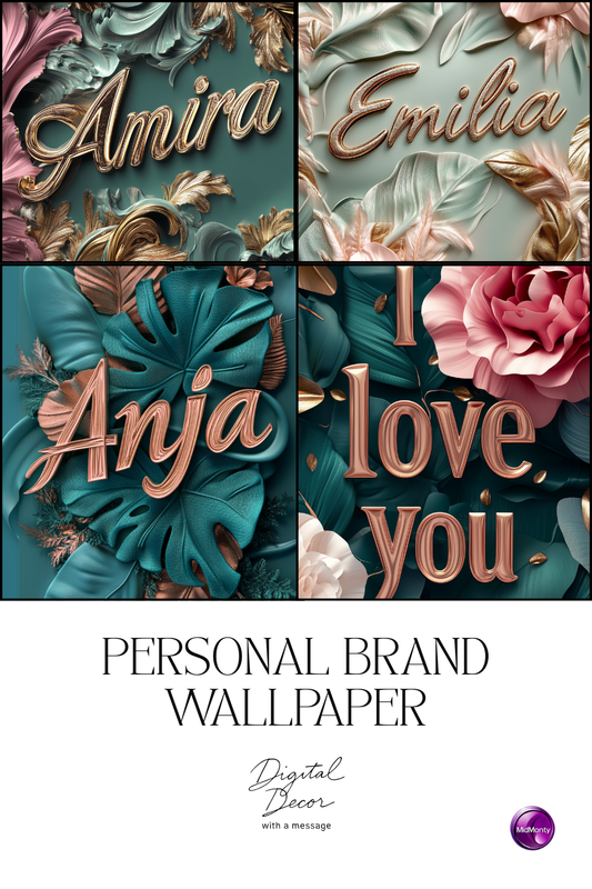 A collage of four stylized images for personal brand wallpaper. The top left features the name "Amira" in elegant gold script on a textured teal and gold floral background. The top right displays "Emilia" in similar gold script against a softer palette of light green, pink, and gold floral elements. The bottom left shows "Anja" in gold script overlaid on vibrant teal monstera leaves with gold accents. The bottom right reads "I love you" in a bold, stylized font surrounded by dark teal leaves and a large pin