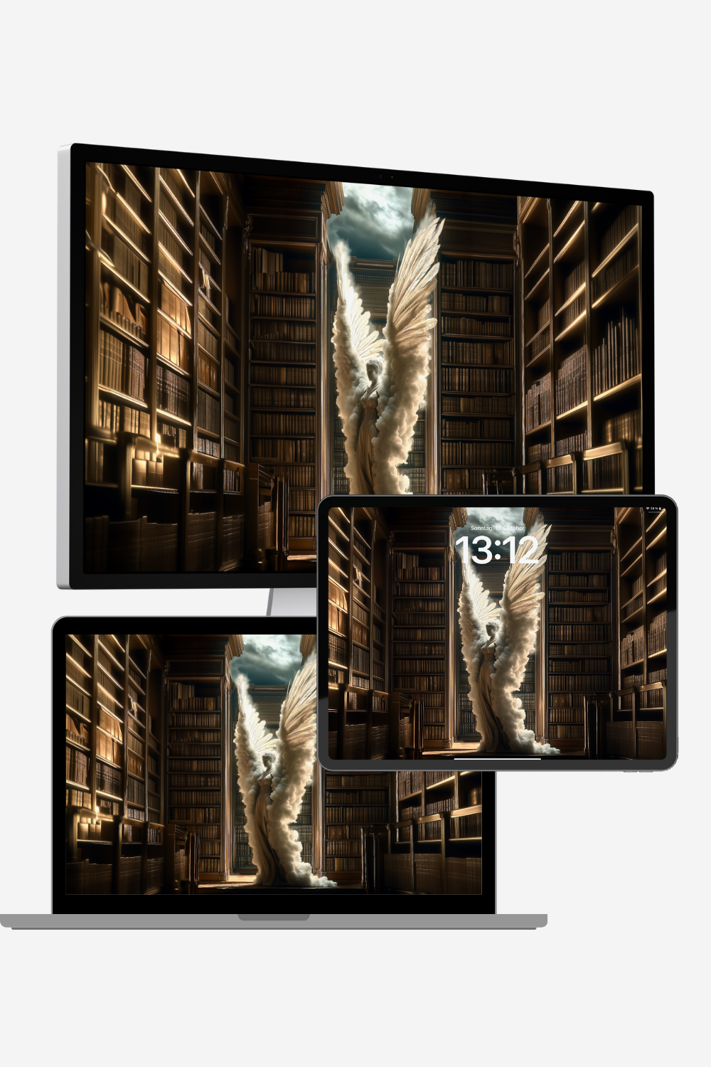 Angel 4K desktop wallpaper – ethereal figure with wings rising from clouds in a grand library, spiritual art with light and emotion, surreal divine atmosphere