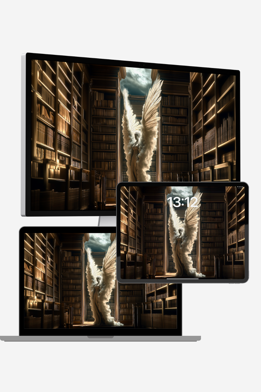 Angel 4K desktop wallpaper – ethereal figure with wings rising from clouds in a grand library, spiritual art with light and emotion, surreal divine atmosphere