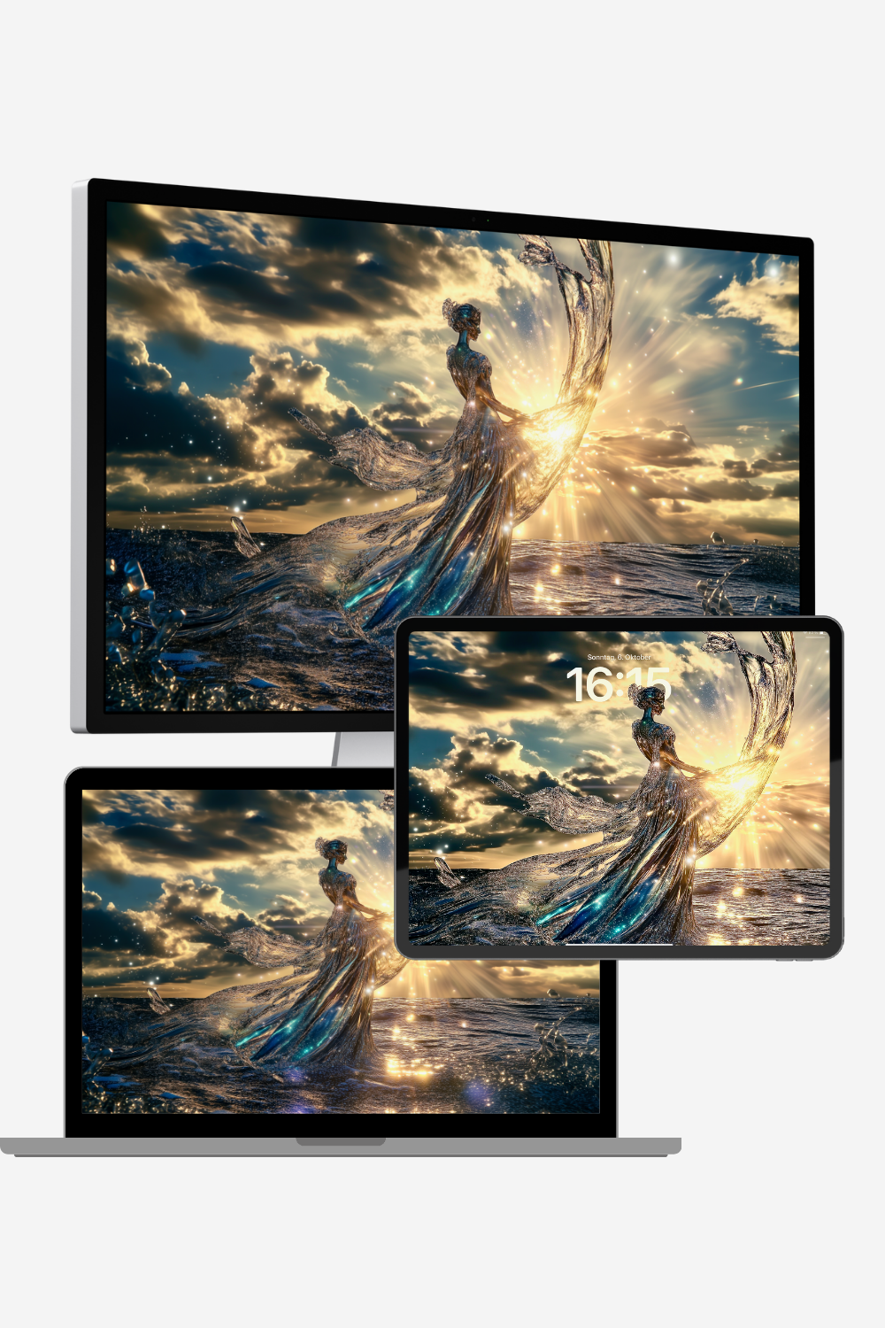 Divine 4K goddess wallpaper – AI digital art of a radiant woman emerging from golden ocean waves in a glowing dress of liquid light, with soft sunset hues and celestial energy. 6509x3648 desktop resolution.