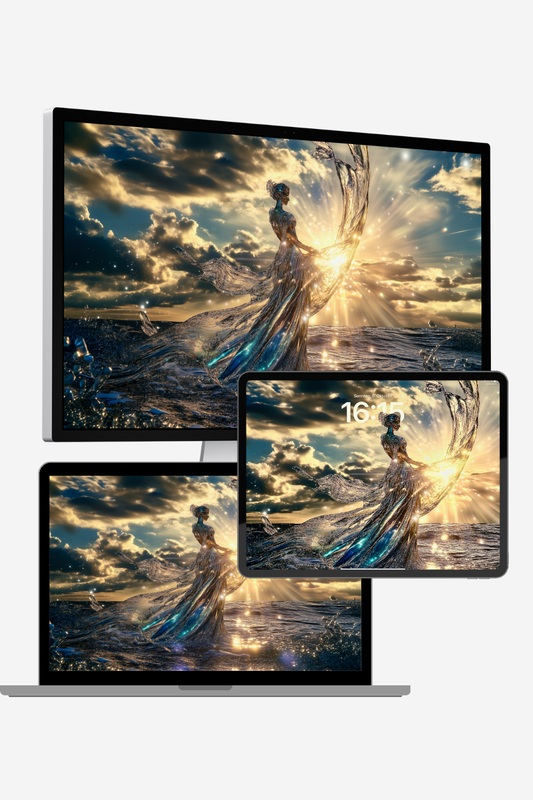 Divine 4K goddess wallpaper – AI digital art of a radiant woman emerging from golden ocean waves in a glowing dress of liquid light, with soft sunset hues and celestial energy. 6509x3648 desktop resolution.
