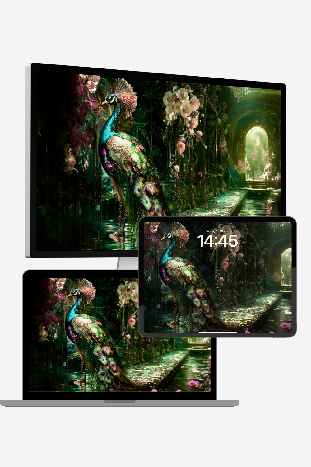 Baroque peacock 4K wallpaper – luxurious AI art of a majestic peacock with emerald feathers, golden chandeliers, roses, and ornate architecture. Digital fantasy for desktop use.