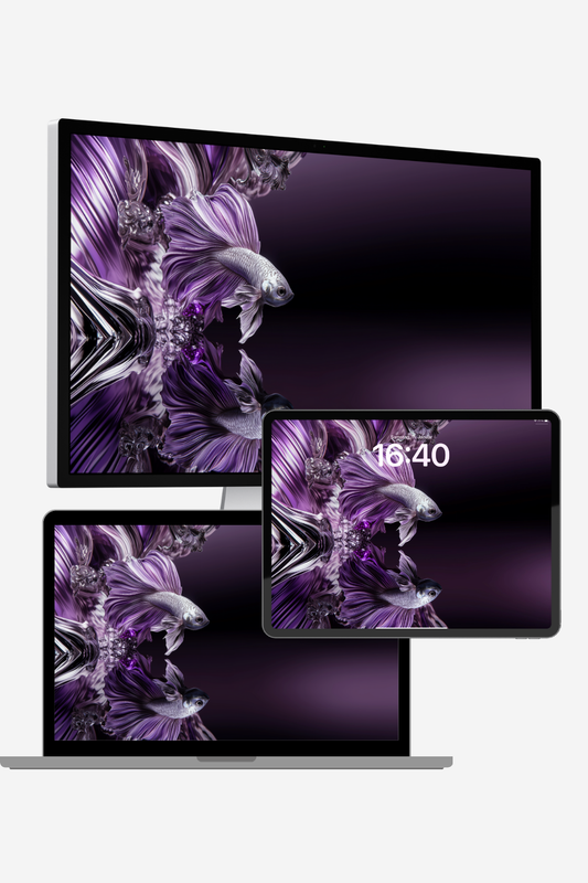 Purple betta fish 4K wallpaper – digital AI art with shimmering violet tones, soft waves, and elegant fins. Calm, meditative background in 6509x3648 resolution for desktop.