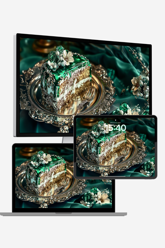Baroque emerald cake wallpaper – digital AI art of a luxurious dessert with green frosting, gold shimmer, pearls, florals, and ornate silverware. 4K resolution for desktop and laptop.