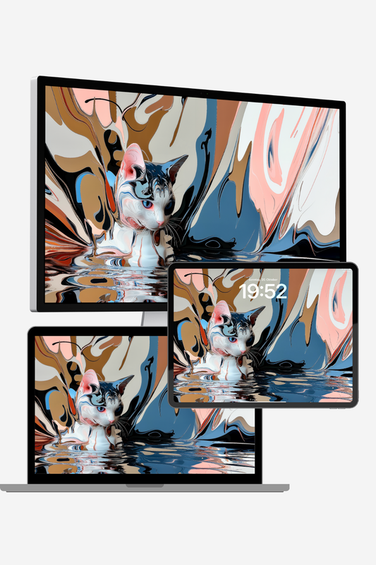 Abstract cat 4K wallpaper – surreal AI artwork of a tabby emerging from pastel waves, black ink, and gold accents. Artistic feline desktop background in 6509x3648 resolution.