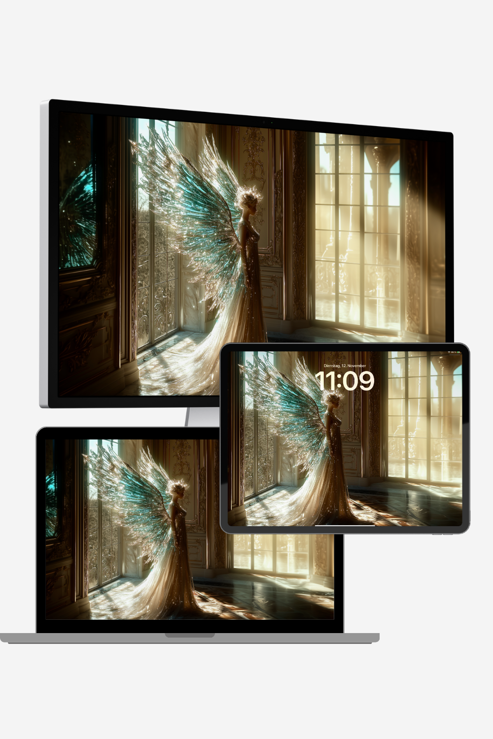 Celestial angel wallpaper – glowing AI-generated artwork of a radiant female figure with crystal wings, golden light, and ethereal atmosphere in luxurious palace setting, 6509x3648 resolution