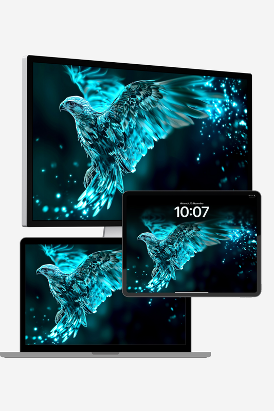 Hopeful Falcon 4K desktop wallpaper – AI-generated digital art of a glowing falcon in silver and teal, soaring mid-air, symbolizing strength, clarity and inner peace. 6509x3648 resolution.