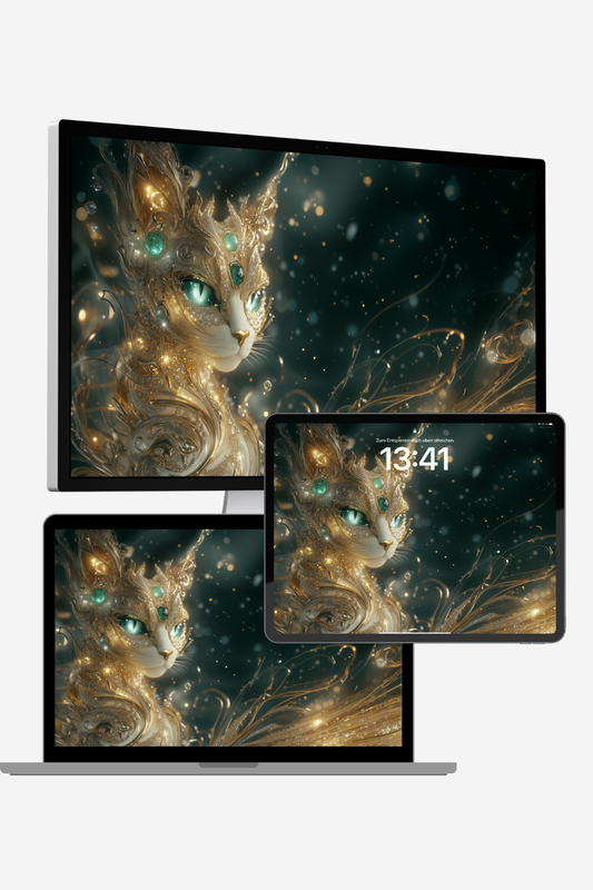 4K cat desktop wallpaper – white and gold AI-generated feline with emerald eyes and ornate fantasy elements, designed for elegant widescreen desktop use