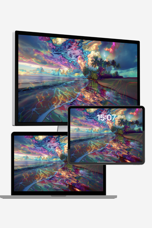 Abstract ocean 4K desktop wallpaper – surreal digital beach scene with colorful sky reflections, glowing waves, and dreamlike light, created with AI for widescreen use (6509x3648)