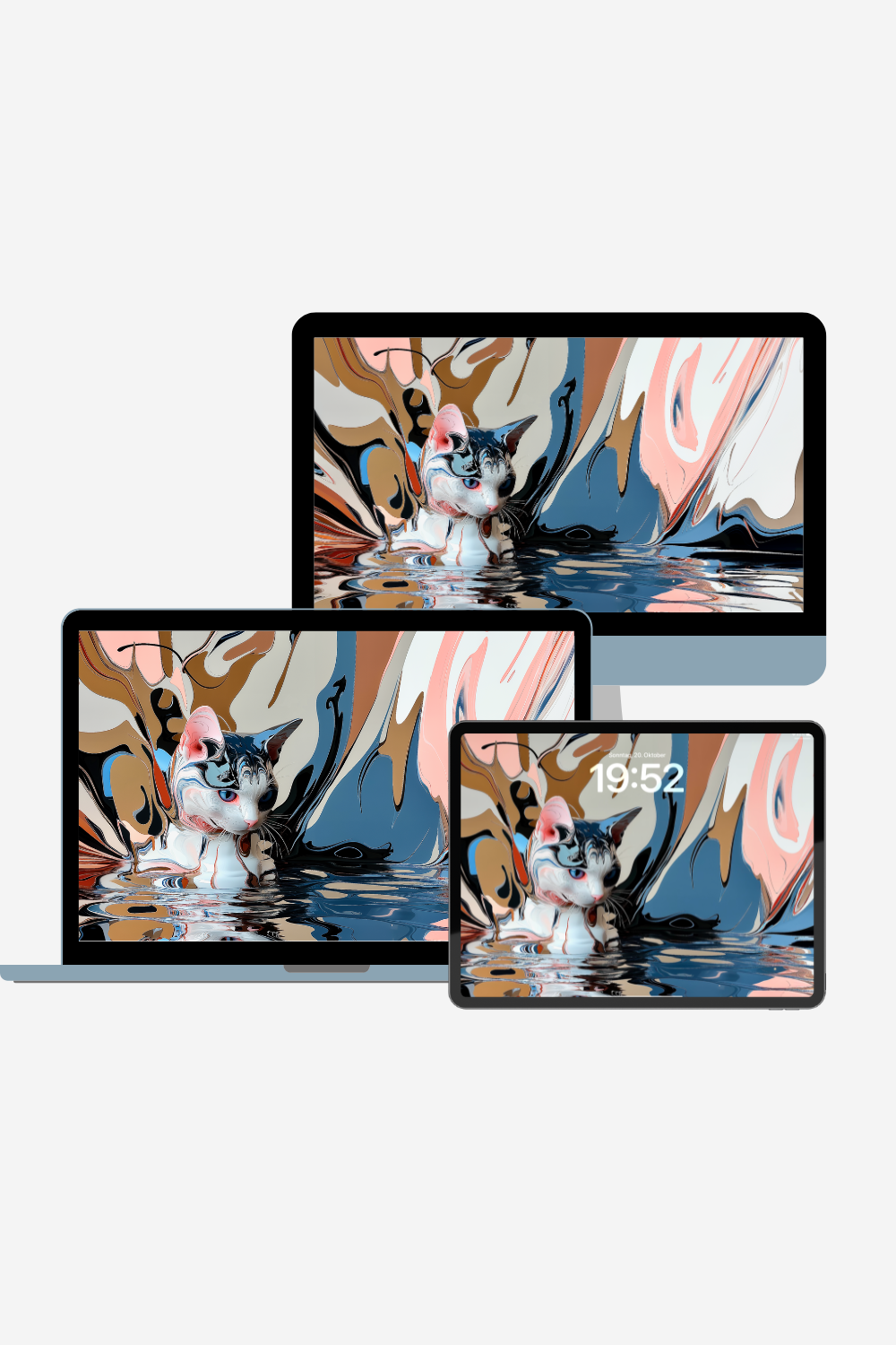 Surreal white cat 4K desktop wallpaper – AI-generated artwork of a dreamy cat with swirling reflections in pink, beige and navy tones