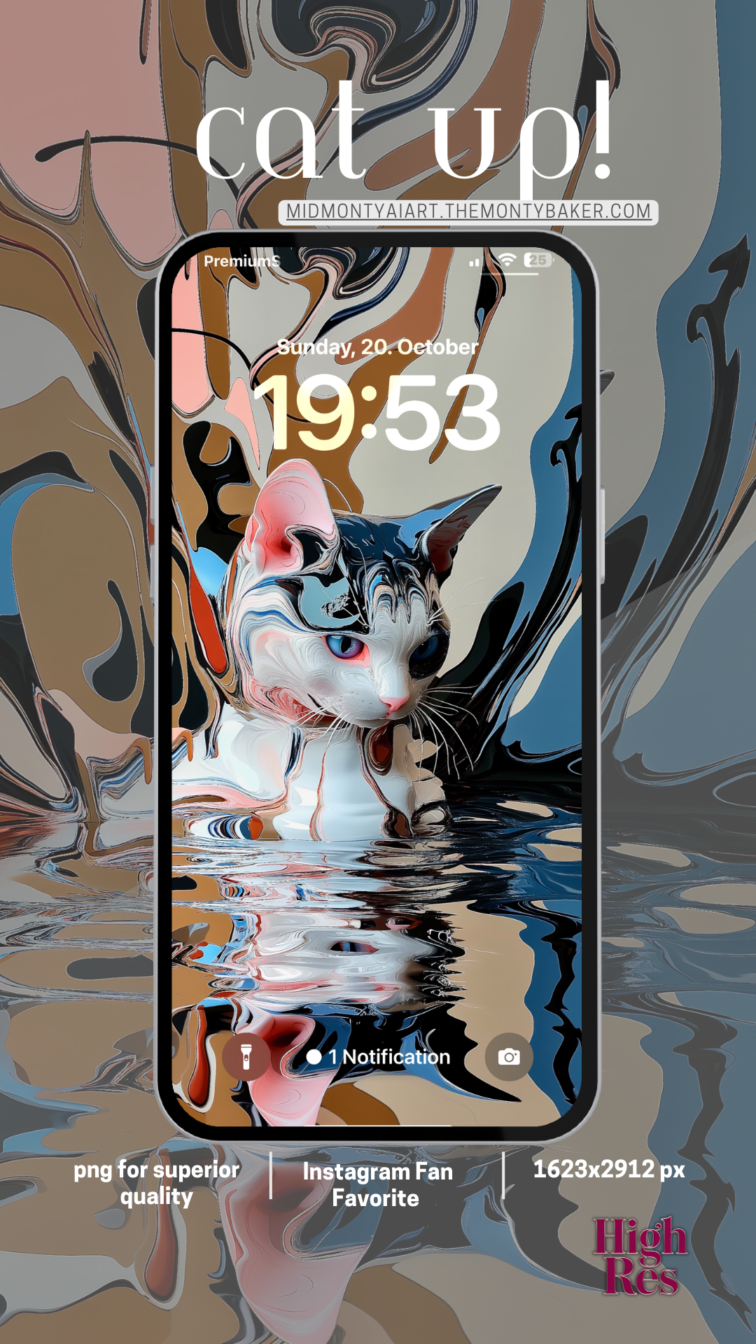 High-resolution liquid mercury cat wallpaper for mobile display, featuring premium digital art in superior quality – instant download and Instagram fan favorite.
