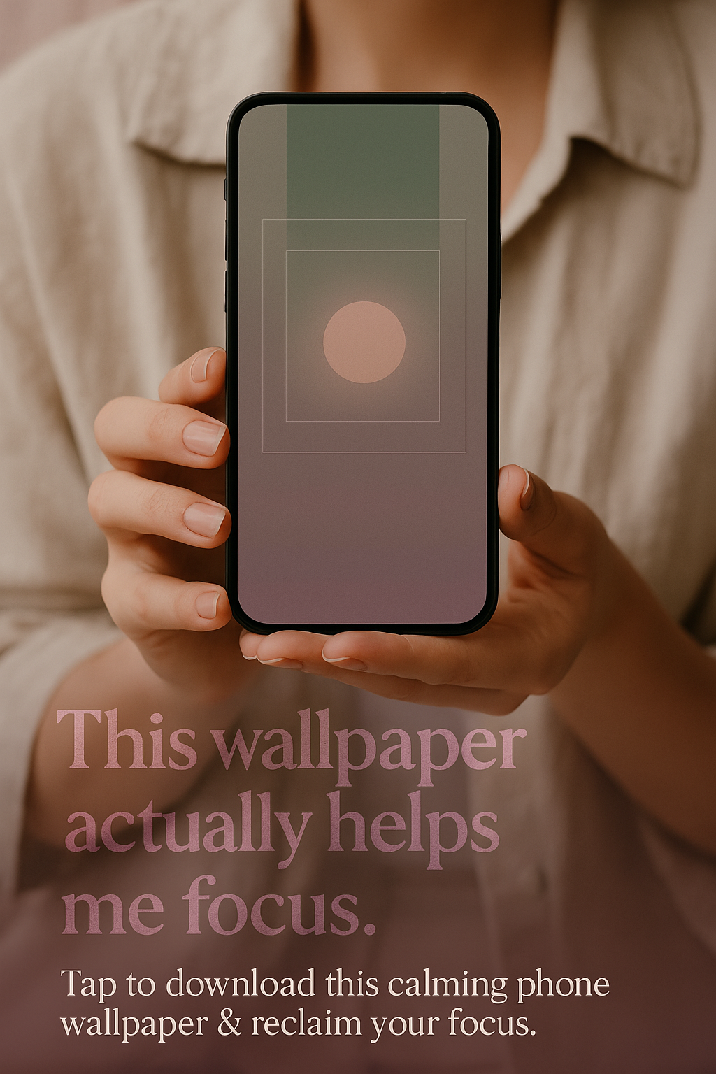 A woman holds a smartphone with a minimalist wallpaper featuring a soft sage green and mauve gradient, designed to support mental focus. The text overlay reads "This wallpaper actually helps me focus."