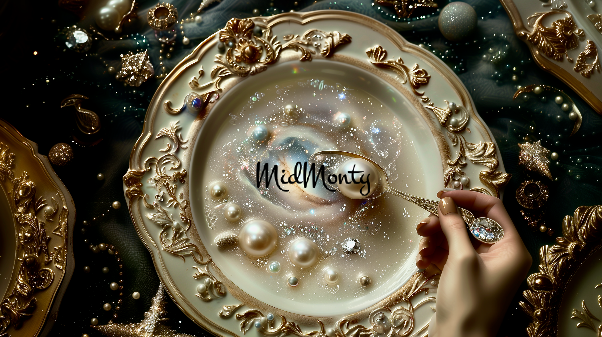 Ornate vintage plate showcasing a cosmic galaxy swirl with luminous pearls and golden stars in an elegant widescreen composition. Luxury AI-generated artwork designed for high-resolution desktop wallpapers, panoramic digital prints, and immersive home decor. A surreal fusion of space aesthetics and opulent design.