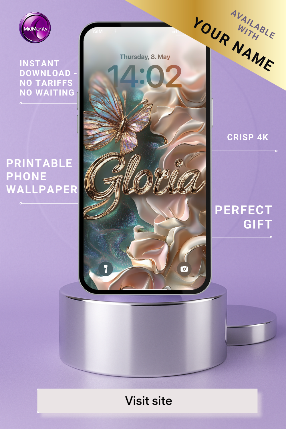 a customizable phone wallpaper featuring an iridescent butterfly with blue, pink, and gold wings. The wallpaper displays the time "14:02" and date "Thursday, 8. May," along with the name "Gloria" in elegant gold script. The background has soft teal, pink, and beige swirls. Text highlights "INSTANT DOWNLOAD," "PRINTABLE PHONE WALLPAPER," "CRISP 4K," and "PERFECT GIFT," emphasizing personalization ("AVAILABLE WITH YOUR NAME"). The phone is displayed on a silver pedestal, with a "Visit site" button below.