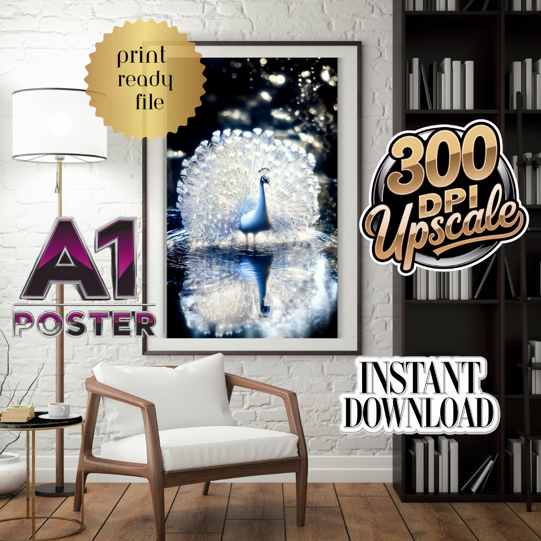 A luminescent white peacock displays its majestic plumage, creating a perfect mirror reflection on dark waters. The image captures the bird in stunning detail against a deep black background dotted with ethereal bokeh lights, creating a dreamlike atmosphere. The peacock's crystalline feathers appear to glow with an inner light, while its elegant pose and perfect symmetry through the reflection create a mesmerizing visual balance.