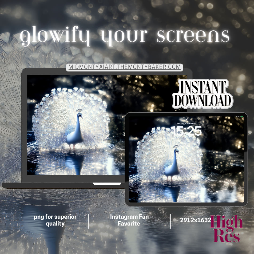 A luminescent white peacock displays its majestic plumage, creating a perfect mirror reflection on dark waters. The image captures the bird in stunning detail against a deep black background dotted with ethereal bokeh lights, creating a dreamlike atmosphere. The peacock's crystalline feathers appear to glow with an inner light, while its elegant pose and perfect symmetry through the reflection create a mesmerizing visual balance.