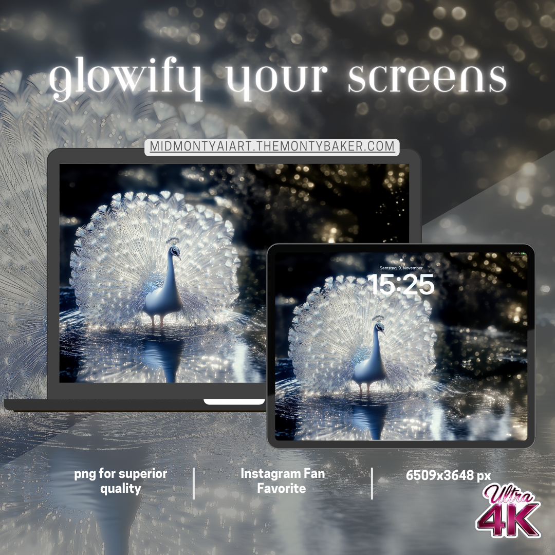 A luminescent white peacock displays its majestic plumage, creating a perfect mirror reflection on dark waters. The image captures the bird in stunning detail against a deep black background dotted with ethereal bokeh lights, creating a dreamlike atmosphere. The peacock's crystalline feathers appear to glow with an inner light, while its elegant pose and perfect symmetry through the reflection create a mesmerizing visual balance.